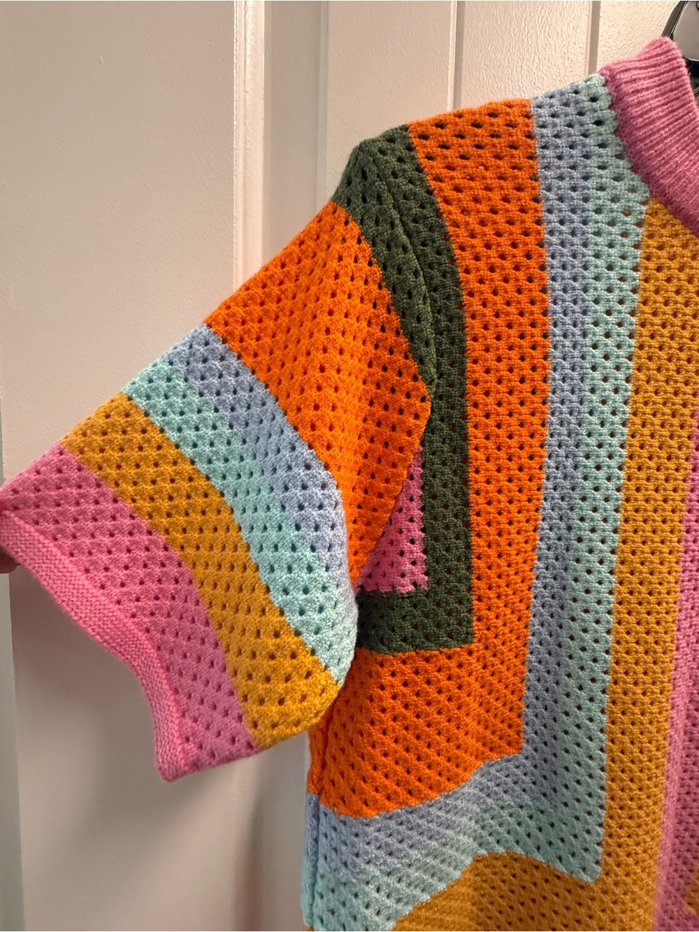 THML ZhiHiMeRi orange colorblock eyelet knit sweater crochet size small NWOT - Picture 2 of 8